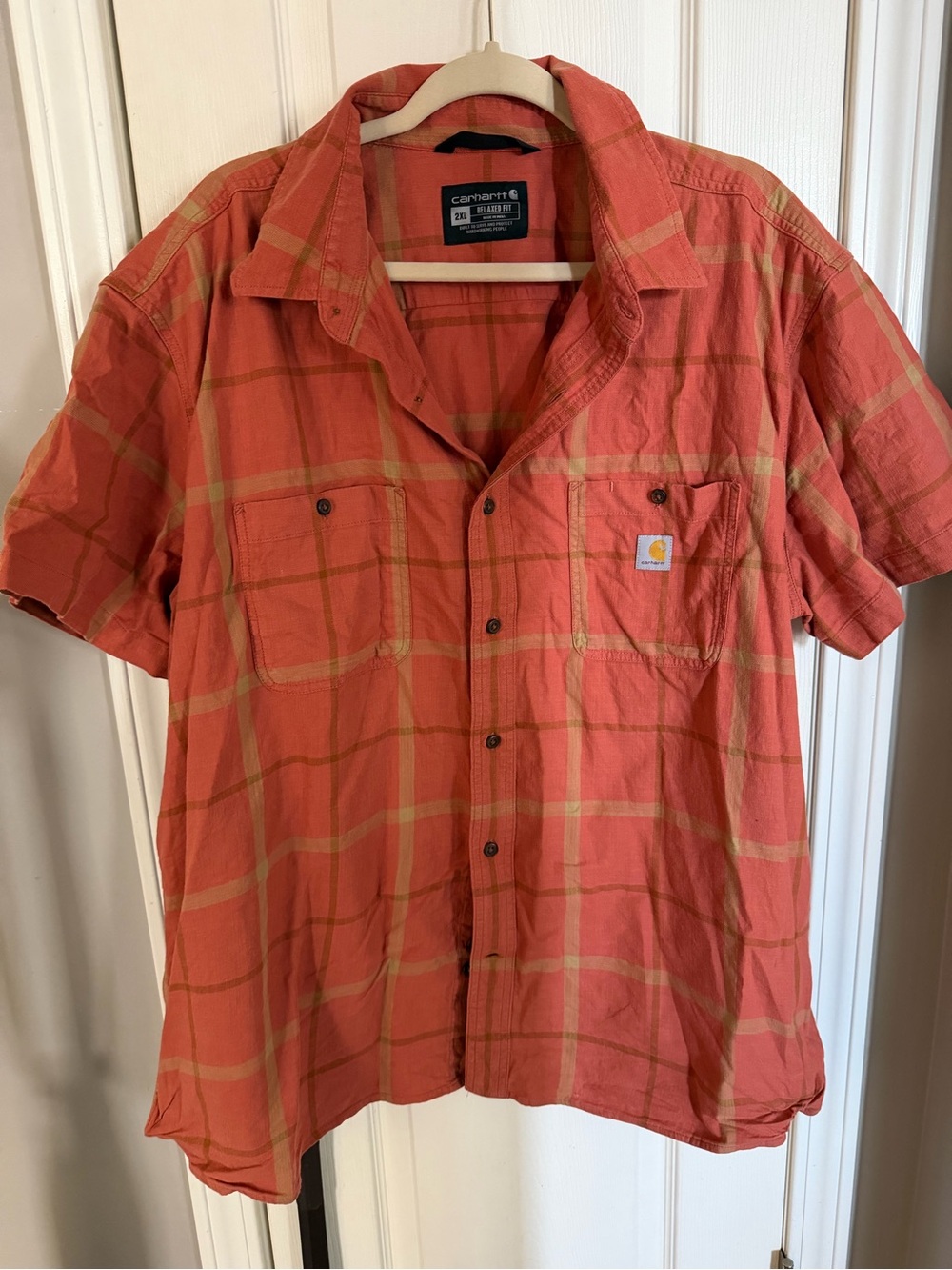 Carhartt Men’s Orange Plaid Short Sleeve Button-Down Shirt